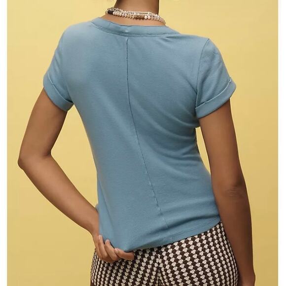 Anthropologie Pilcro XXS The Andie Ribbed Henley Top Short Sleeve Light Blue - Picture 3 of 16